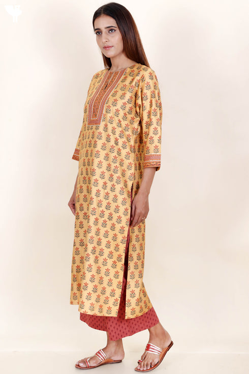 Tussar Cotton Kurta Pant And Dupatta Set In Floral Block Print